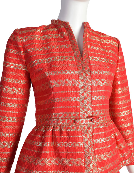 Pauline Trigere Vintage Red and Gold Chain Print Brocade Quilted Satin Jacket Skirt Suit Ensemble