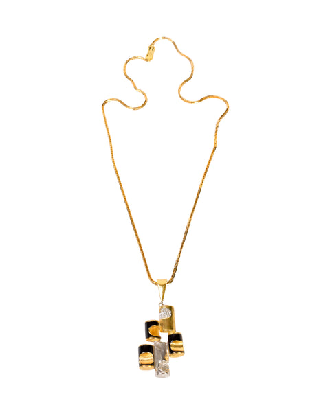 Pierre Cardin Vintage 1970s Striking Black Gold Silver Modernist Pendant Necklace