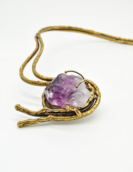 Vintage Amethyst Artisan Brass Metal Art Choker Necklace