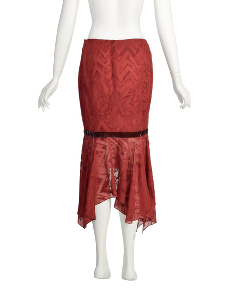 Romeo Gigli Vintage AW 1997 Burgundy Velvet Burnout Silk Chiffon Skirt