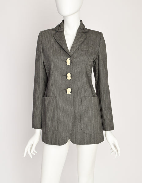 Romeo Gigli Vintage 1995 Grey Morning Stripe Gathered Collar Cameo Button Wool Blazer Jacket