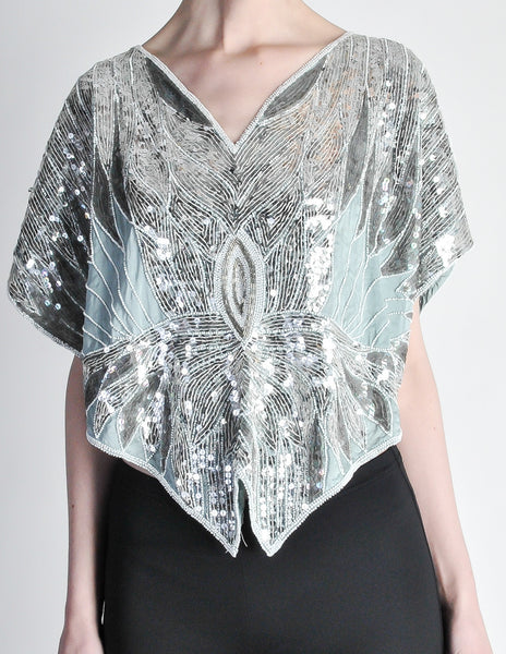 Vintage 1970s Silver Sequin Beaded Butterfly Top