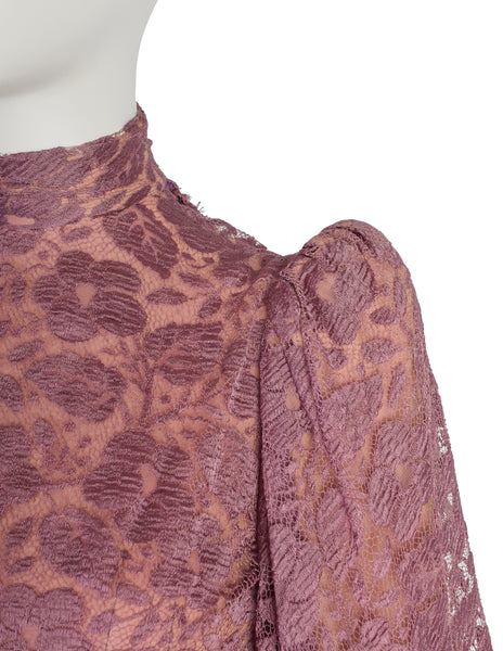 Stavropoulos Vintage 1970s Purple Mauve Lace Empire Waist Bishop Sleeve Dress