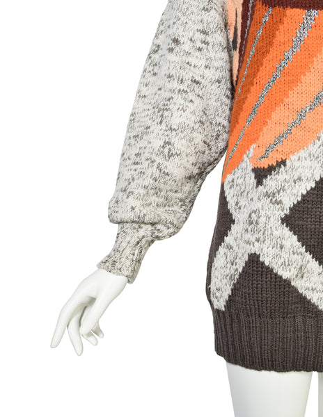 Umberto Ginocchietti Vintage 1980s Orange Grey Brown Silver Graphic Intarsia Knit Wool Sweater