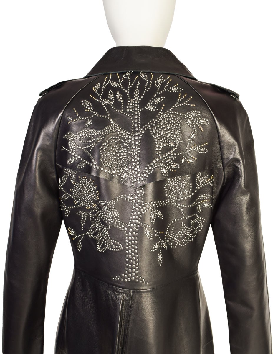 Embellished Studded Floral Embroidered Leather Jacket