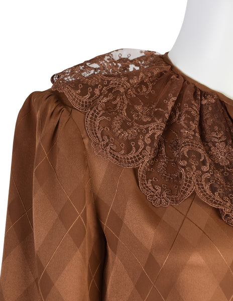 Valentino Vintage Rust Argyle Jacquard Silk Lace Collar Shirt