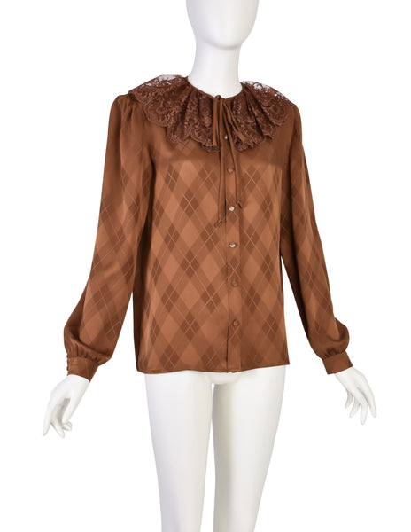 Valentino Vintage Rust Argyle Jacquard Silk Lace Collar Shirt