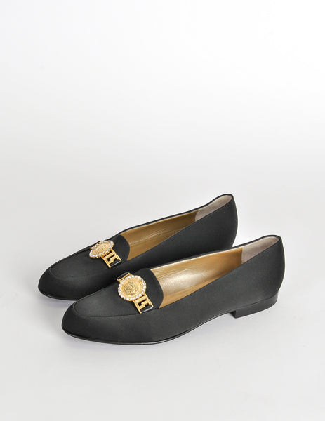 Versace Vintage Black Satin Medusa Loafers