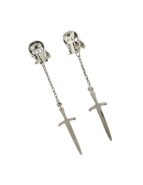 Versus Versace Vintage 1994 Silver Skull Rose Long Dangling Dagger Knife Earrings
