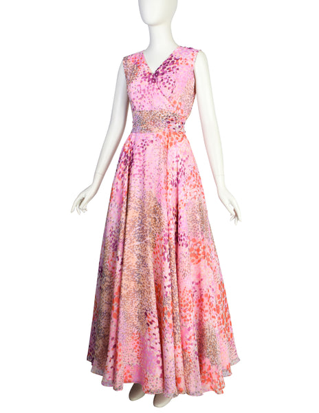 1960s Vintage Pink Watercolor Print Chiffon Full Skirt Gown Dress