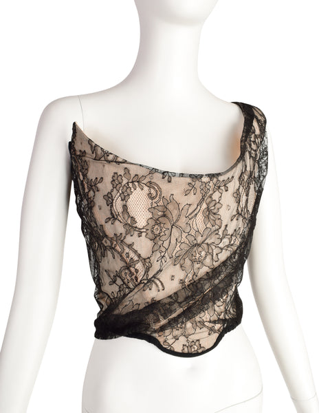 Vivienne Westwood AW 1996 Gold Label Asymmetrical One Shoulder Black Lace Overlay Illusion Corset Top