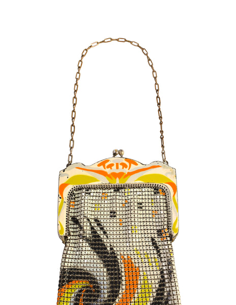 Whiting and Davis Vintage Orange Yellow Black Deco Painted Enamel Metal Mesh Mini Handbag