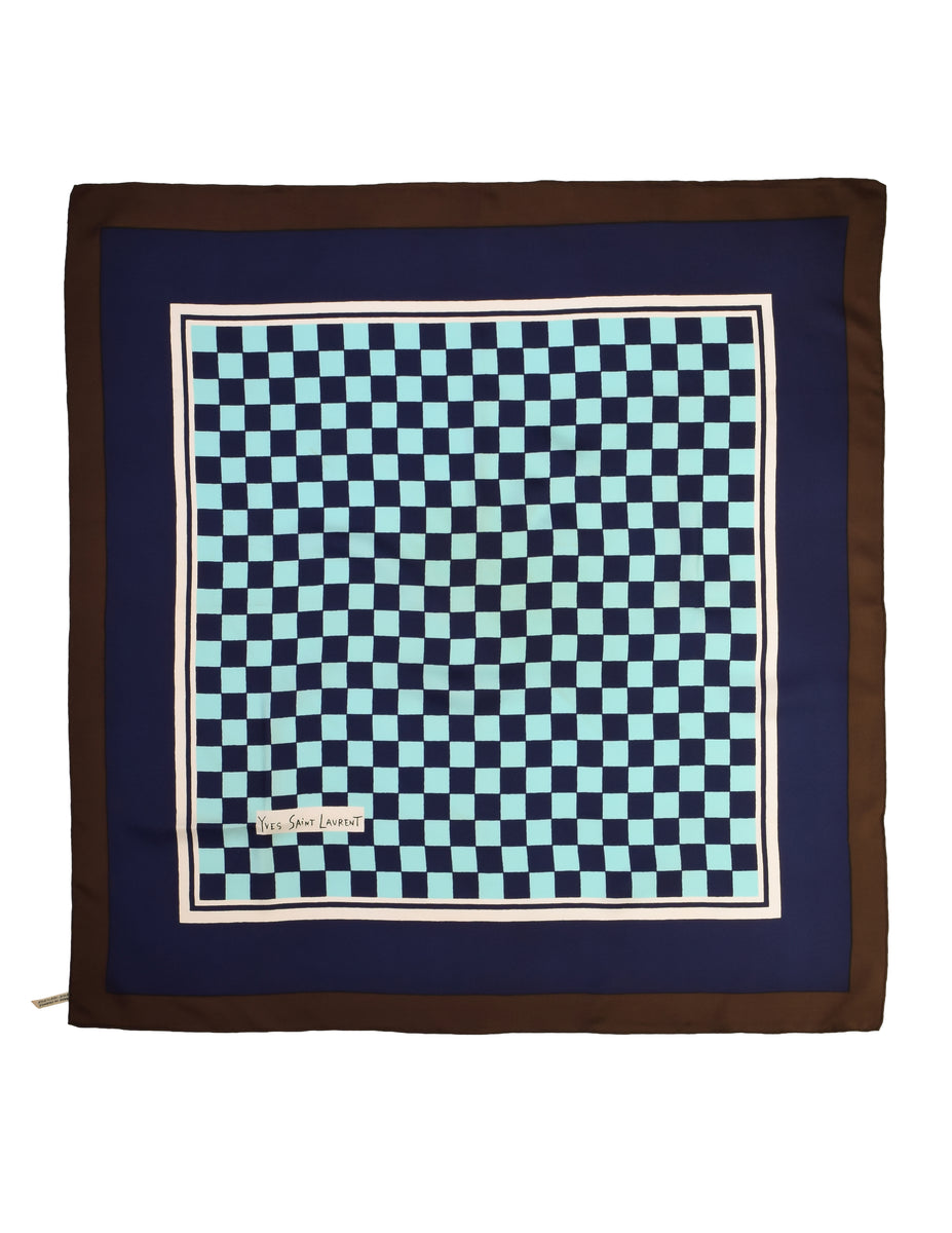 Yves Saint Laurent Vintage 1960s Blue and Brown Checkerboard Silk