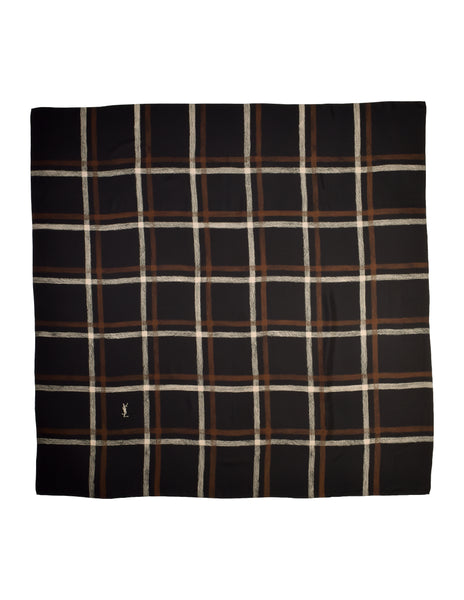 Yves Saint Laurent Vintage Black Brown Cream Plaid Oversized Silk Wrap Scarf