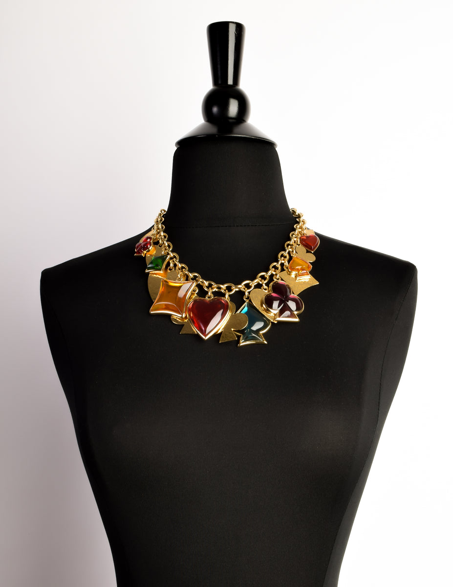 YSL Vintage Multicolor Playing Card Suits Pendant Charm Gold