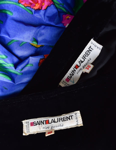Yves Saint Laurent Vintage SS 1977 Black Velvet Corset Top and Blue Floral Silk Skirt Set