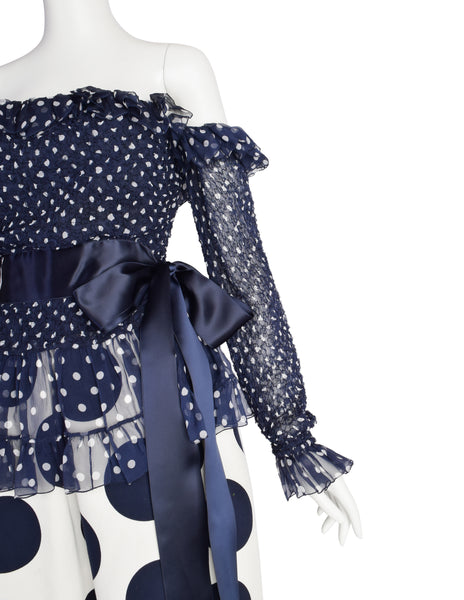 Yves Saint Laurent Vintage SS 1992 Haute Couture Navy Blue White Polka Dot Smocked Chiffon Gown