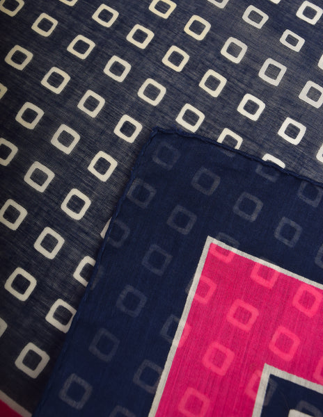 Yves Saint Laurent Vintage Navy Blue Hot Pink Geometric Print Cotton Scarf