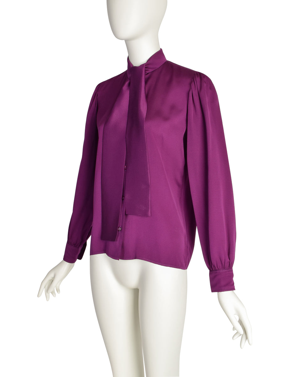 Yves Saint Laurent Vintage 1970s Plum Purple Ribbed Silk Button Up 