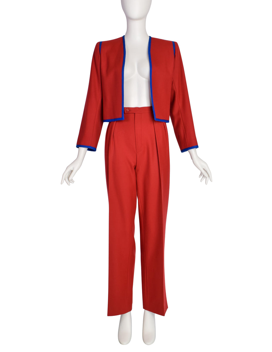 Yves Saint Laurent Vintage Red Wool Blue Trim Two Piece Cropped