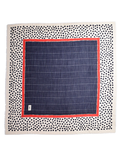 Yves Saint Laurent Vintage 1970s Navy Blue Red White Dot Woven Silk Wool Oversized Scarf