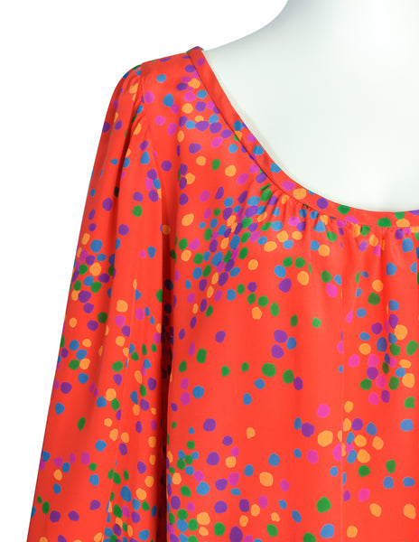 Yves Saint Laurent Vintage SS 1984 Red Multicolor Confetti Dot Print Silk Bishop Sleeve Shirt