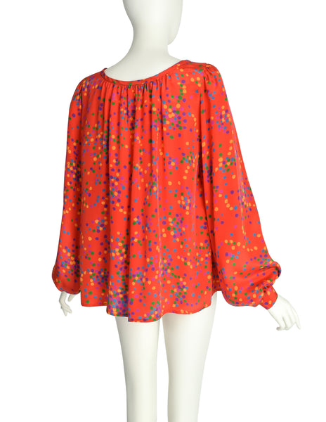 Yves Saint Laurent Vintage SS 1984 Red Multicolor Confetti Dot Print Silk Bishop Sleeve Shirt