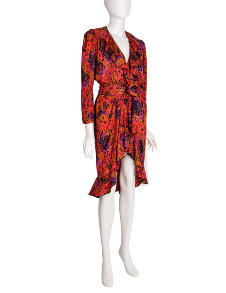 Yves Saint Laurent Vintage Red Multicolor Floral Silk Jacquard Ruffle Wrap Dress