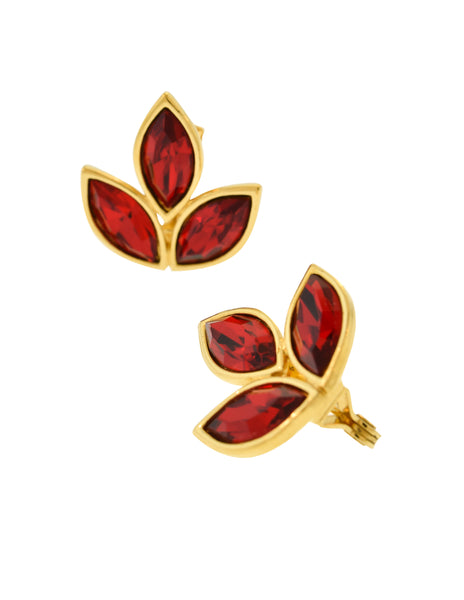 Yves Saint Laurent Vintage Gold Red Crystal Three Point Earrings