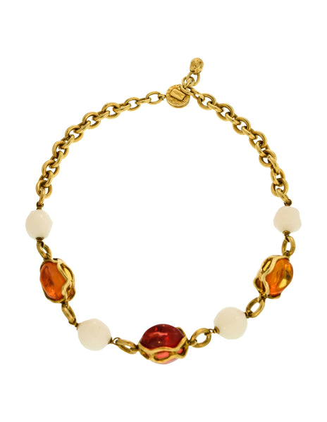 Yves Saint Laurent Vintage Red Yellow White Glass Gold Chain Choker Necklace