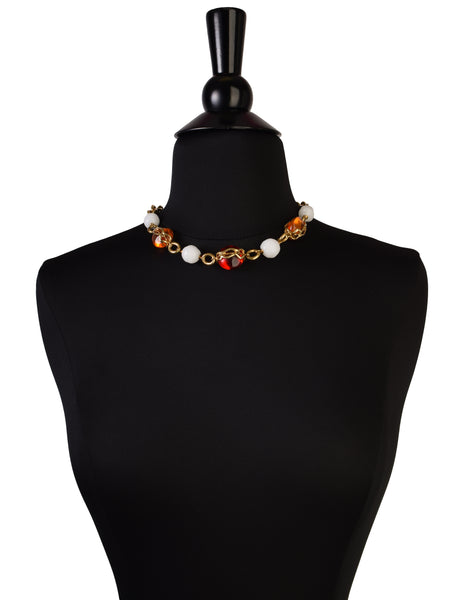 Yves Saint Laurent Vintage Red Yellow White Glass Gold Chain Choker Necklace