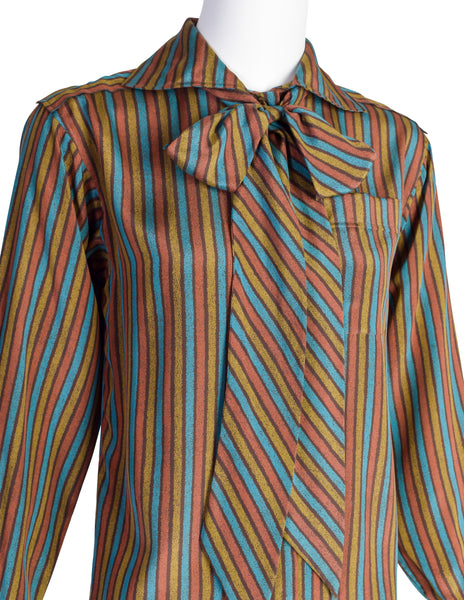 Yves Saint Laurent Vintage 1970s Multicolor Stripe Collared Lavalliere Button Up Silk Shirt