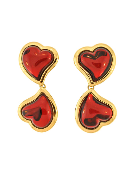 YSL Vintage Double Red Heart Earrings