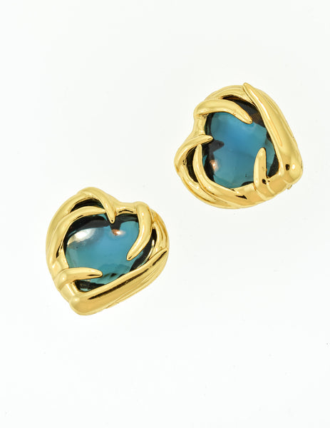 YSL Vintage Gold Green Gripoix Glass Heart Earrings
