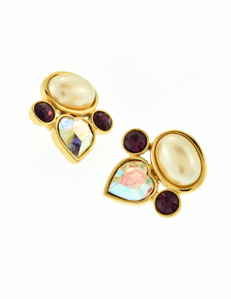 YSL Vintage Pearl Rhinestone Iridescent Heart Earrings