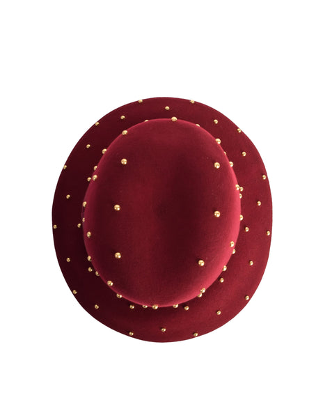 Yves Saint Laurent Vintage 1970s Maroon Wool Brass Studded Hat