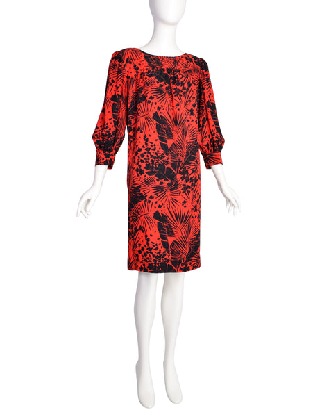 Yves Saint Laurent Vintage SS 1985 Red Black Leaf Print Silk Jacquard Dress
