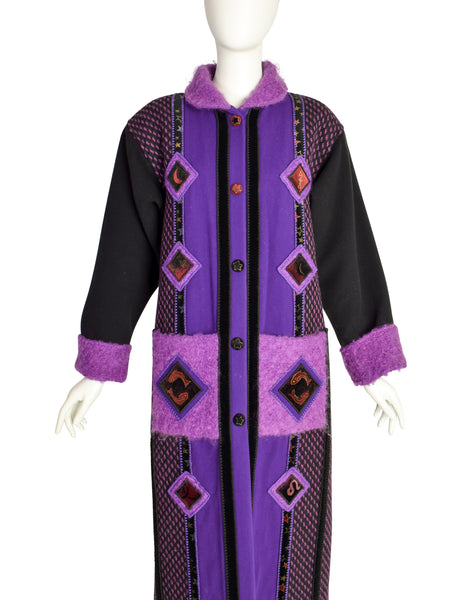 Coloratura Vintage 'Astra' Zodiac Black Purple Patchwork Wool Coat