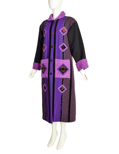 Coloratura Vintage 'Astra' Zodiac Black Purple Patchwork Wool Coat
