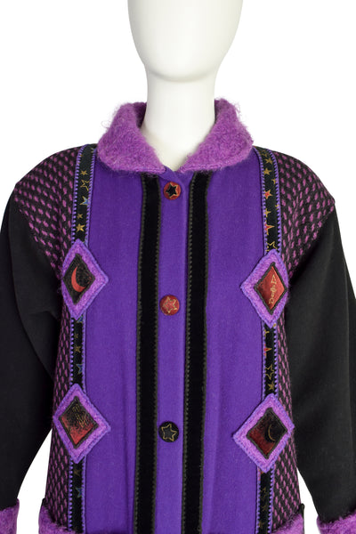 Coloratura Vintage 'Astra' Zodiac Black Purple Patchwork Wool Coat