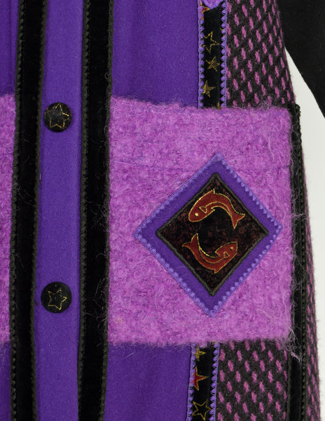 Coloratura Vintage 'Astra' Zodiac Black Purple Patchwork Wool Coat