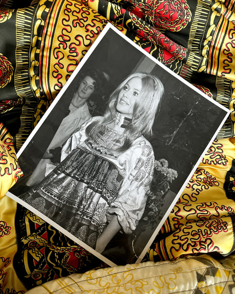 Zandra Rhodes Vintage 1969 'Knitted Circle' Collection Trompe L'oeil Quilted Satin Caftan Circle Dress (Britt Ekland Owned)