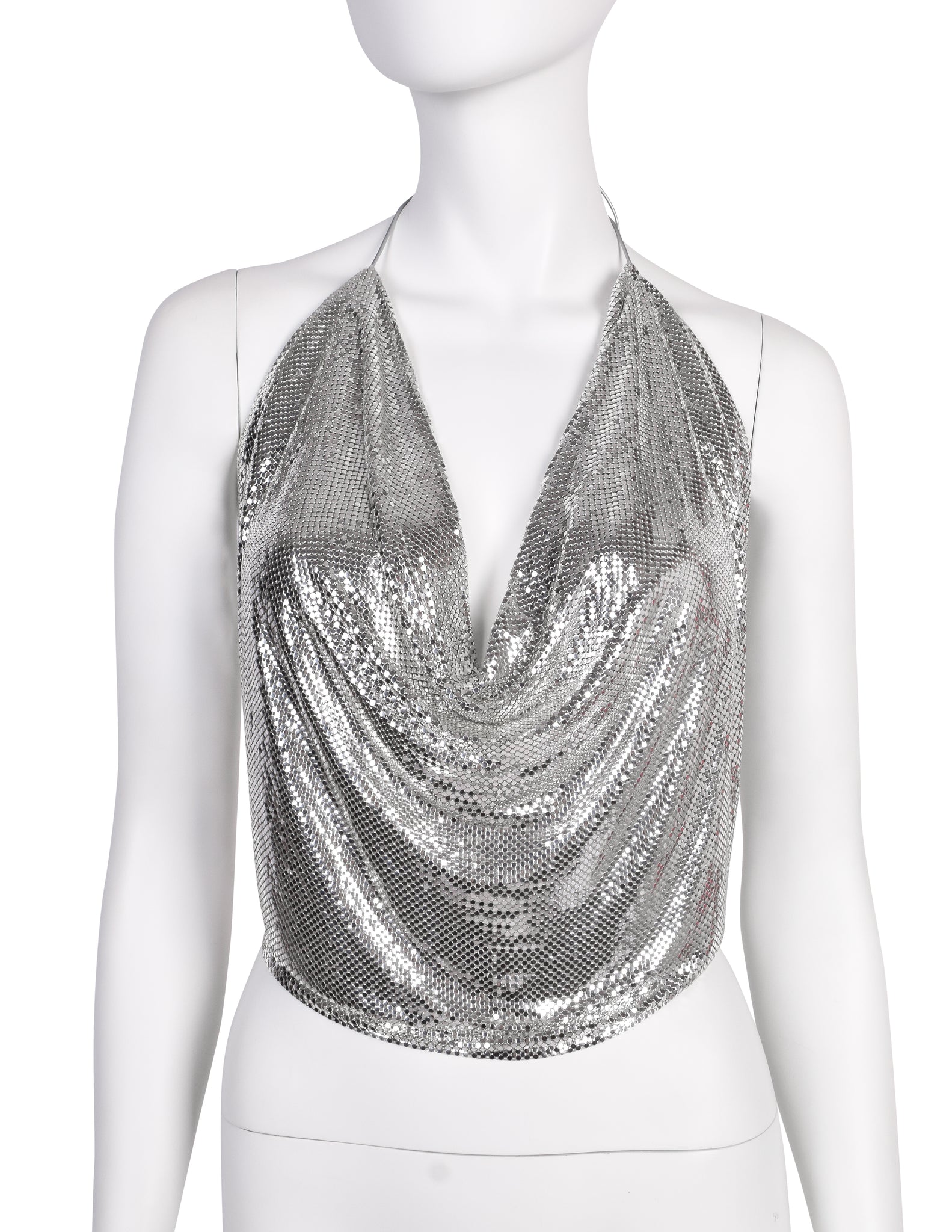 Ferrara Vintage Silver Metal Mesh Draping Halter Top