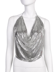 Ferrara Vintage Silver Metal Mesh Draping Halter Top
