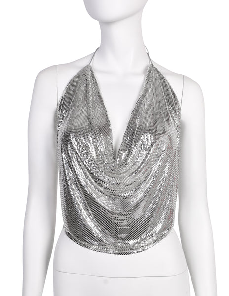 Ferrara Vintage Silver Metal Mesh Draping Halter Top