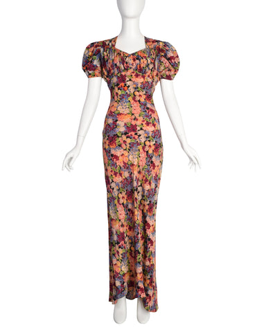 Vintage 1930s Black Colorful Floral Floral Rayon Bias Puff Sleeve Gown