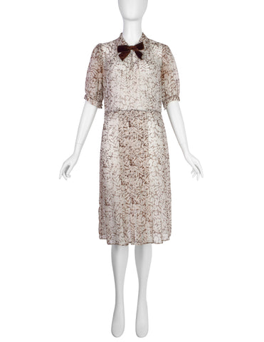 Vintage Late 1930s / Early 1940s Brown White Floral Sheer Silk Chiffon Dress