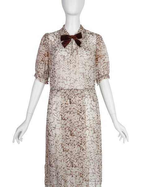 Vintage Late 1930s / Early 1940s Brown White Floral Sheer Silk Chiffon Dress