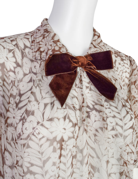 Vintage Late 1930s / Early 1940s Brown White Floral Sheer Silk Chiffon Dress