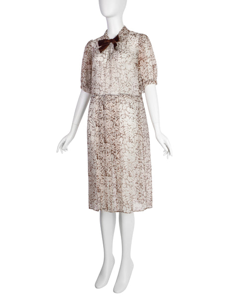 Vintage Late 1930s / Early 1940s Brown White Floral Sheer Silk Chiffon Dress